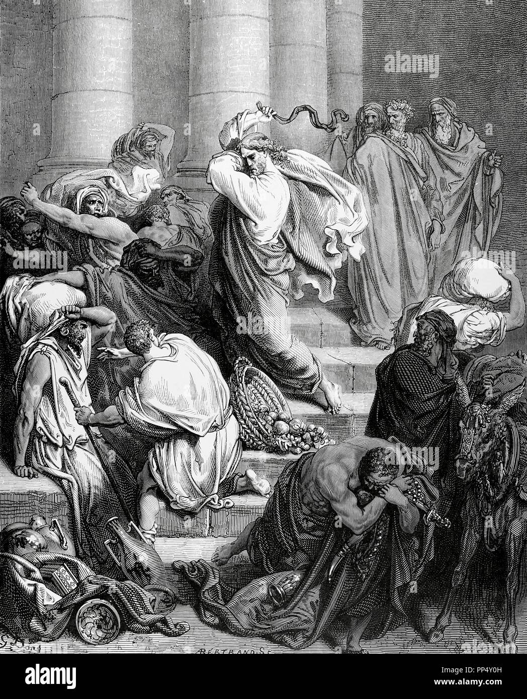 New Testament. Gospel of Mark. Chapter XI. Jesus drives the merchants from the Temple. Gustave Dore's drawing. Engraving by A. Bertrand. Stock Photo