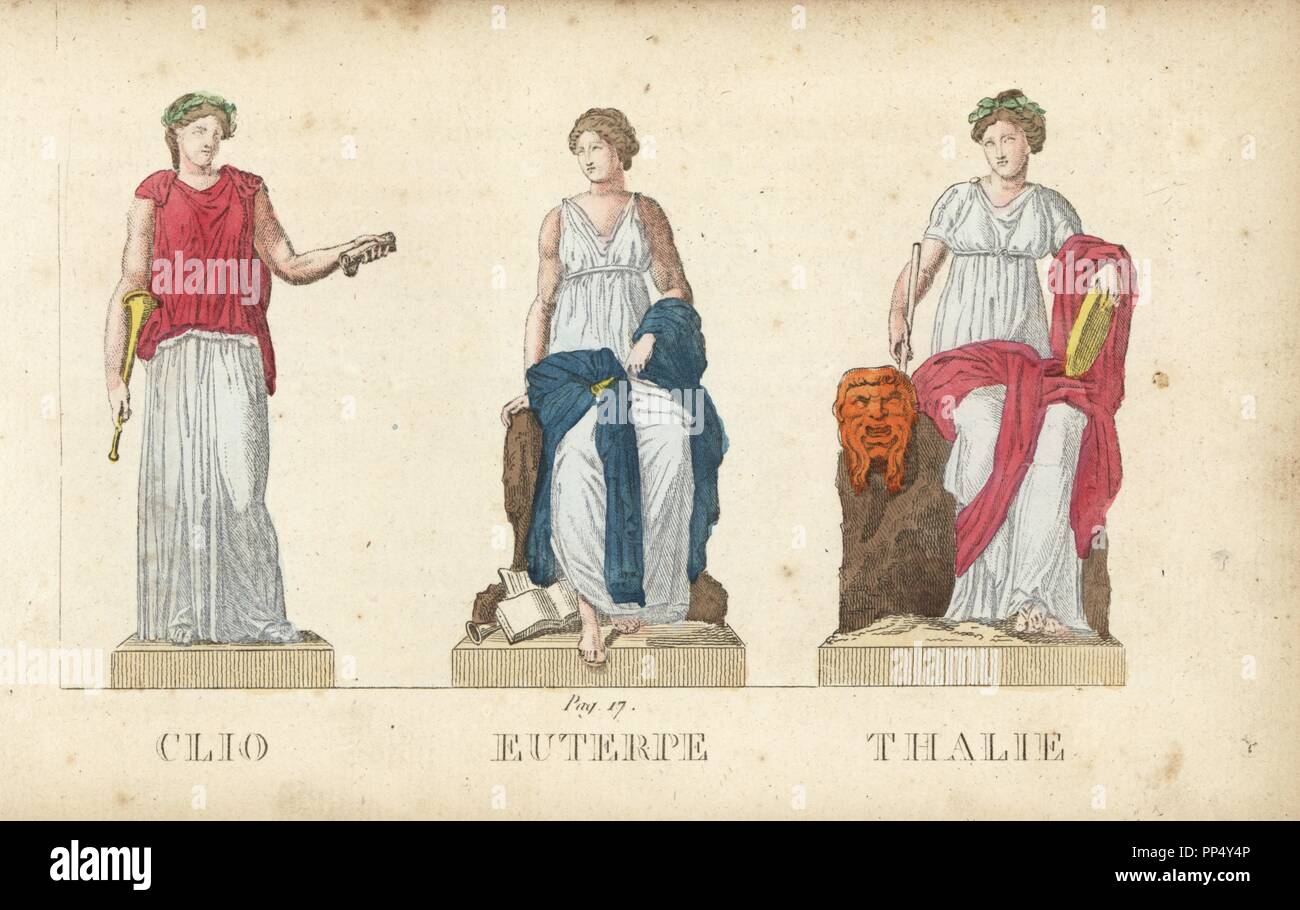 Clio, Euterpe and Thalia, Greek muses of history, song and comedy. Handcoloured copperplate engraving engraved by Jacques Louis Constant Lacerf after illustrations by Leonard Defraine from 'La Mythologie en Estampes' (Mythology in Prints, or Figures of Fabled Gods), Chez P. Blanchard, Paris, c.1820. Stock Photo