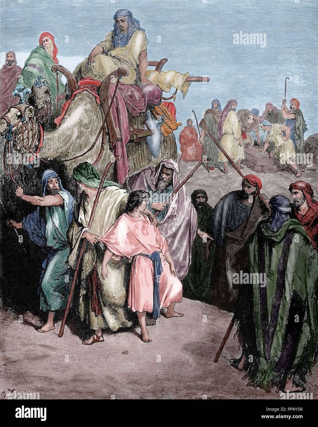 Josep Sold by his Brethren. Genesis 37:38. Dore Bible Illustrations. 19th century. Colored engraving. Stock Photo