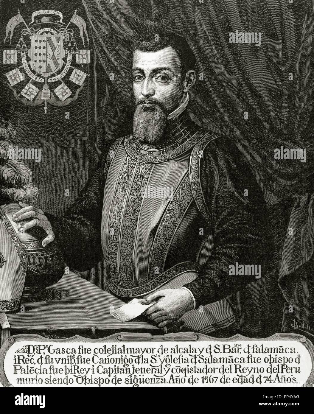 Pedro de La Gasca, The Peacemaker (1493-1567). Spanish priest, politician and military. Knight of the Order of Santiago. Engraving by Capuz. The Spanish and American Illustration, 1892. Stock Photo