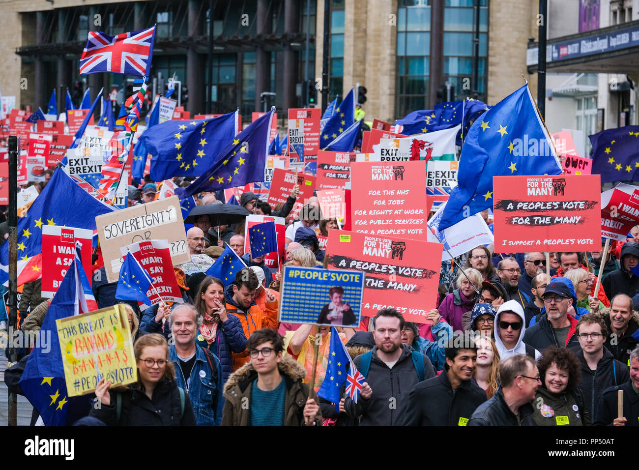 Liverpool, UK. 23rd Sept 2018. Thousands of demonstrators have marched through Liverpool city centre on Sunday, September 23, 2018, calling for a "People's Vote" on the final Brexit deal. The demonstration coincides with the start of the Labour Party Conference which is being held in the city. © Christopher Middleton/Alamy Live News Stock Photo