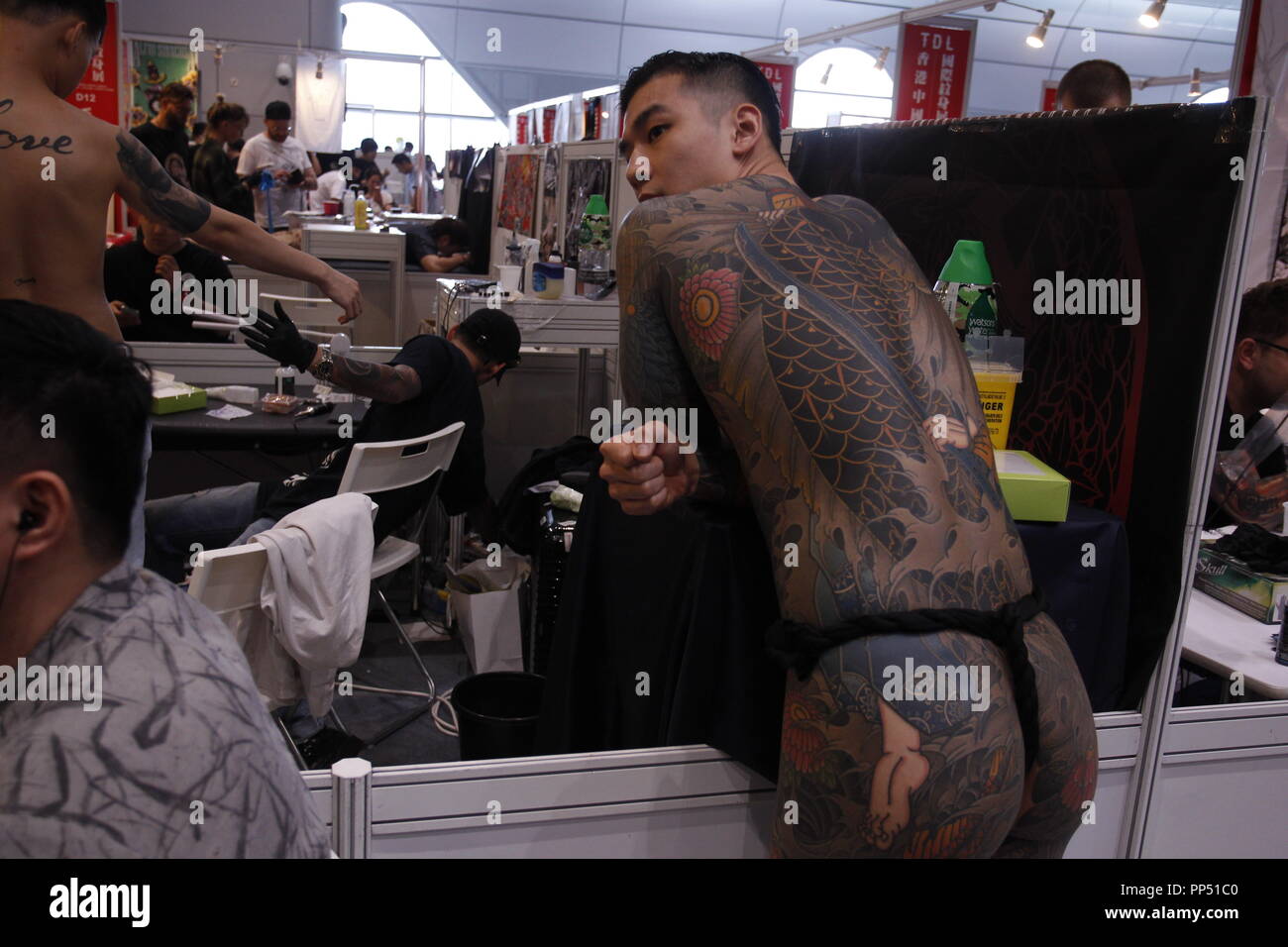 Hong Kong, China. 23rd Sept 2018. Young Korean with full bodied tattoo at the International Tattoo Convention.Sept-23, 2018 Hong Kong.ZUMA/Liau Chung-ren Credit: Liau Chung-ren/ZUMA Wire/Alamy Live News Stock Photo