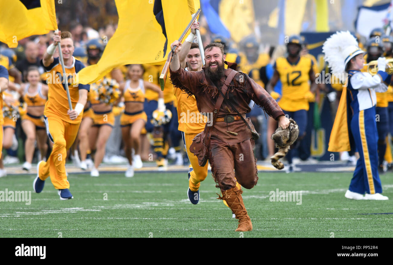 Morgantown, West Virginia, USA. 22nd Sep, 2018. The West Virginia  Mountaineers mascot TREVOR KIESS leads the team onto the field prior to the  Big 12 football game played at Mountaineer Field in