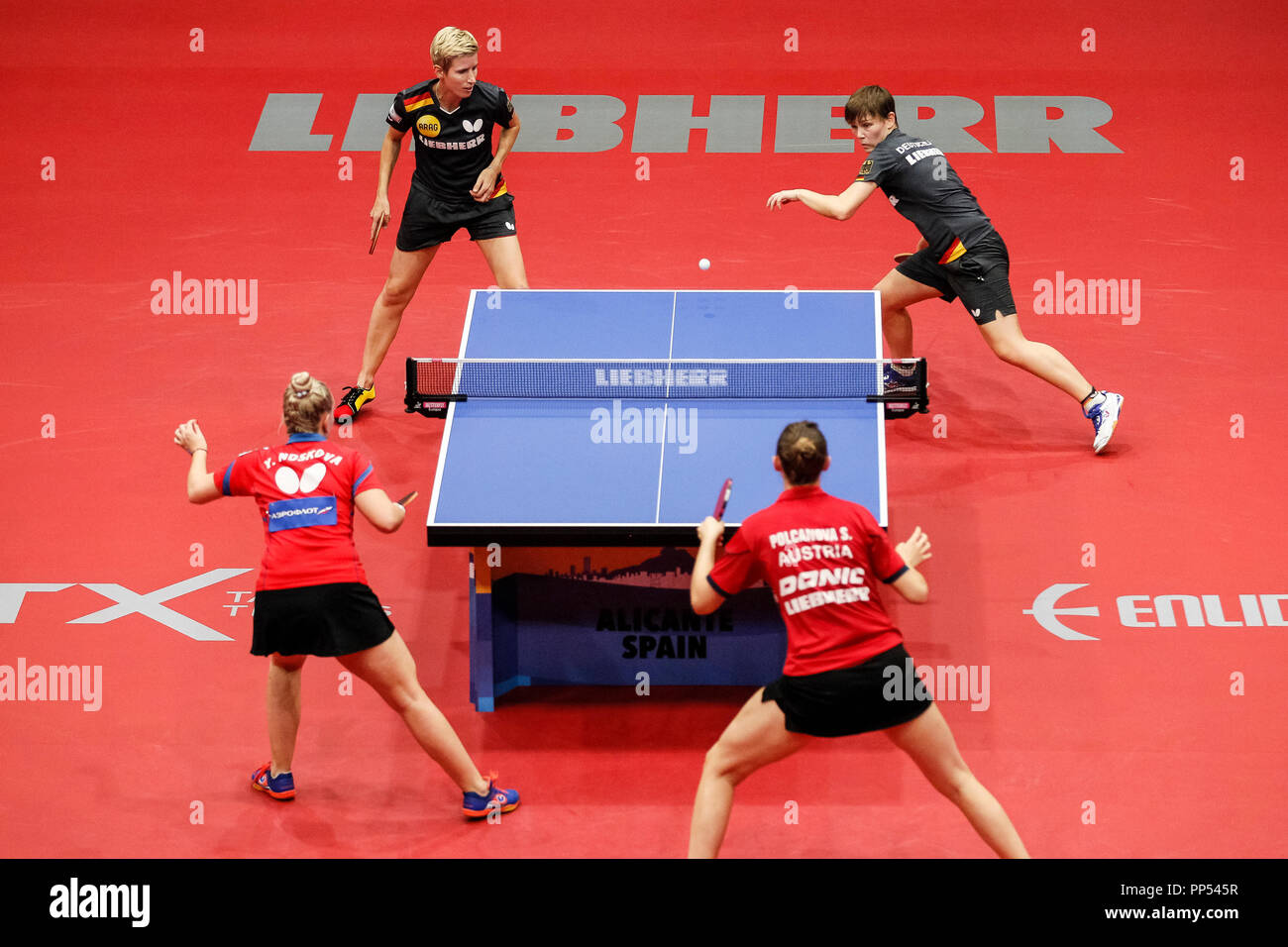 Alicante, Spain. 23rd Sep, 2018. Table tennis, European Championship, Women,  Doubles, Final, Mitterlham/Lang from Germany vs Polcanova (Austria)/Noskova  (Russia) in the Pedro Ferrandiz Pavilion: Kristin Lang (back L) and Nina  Mittelham from