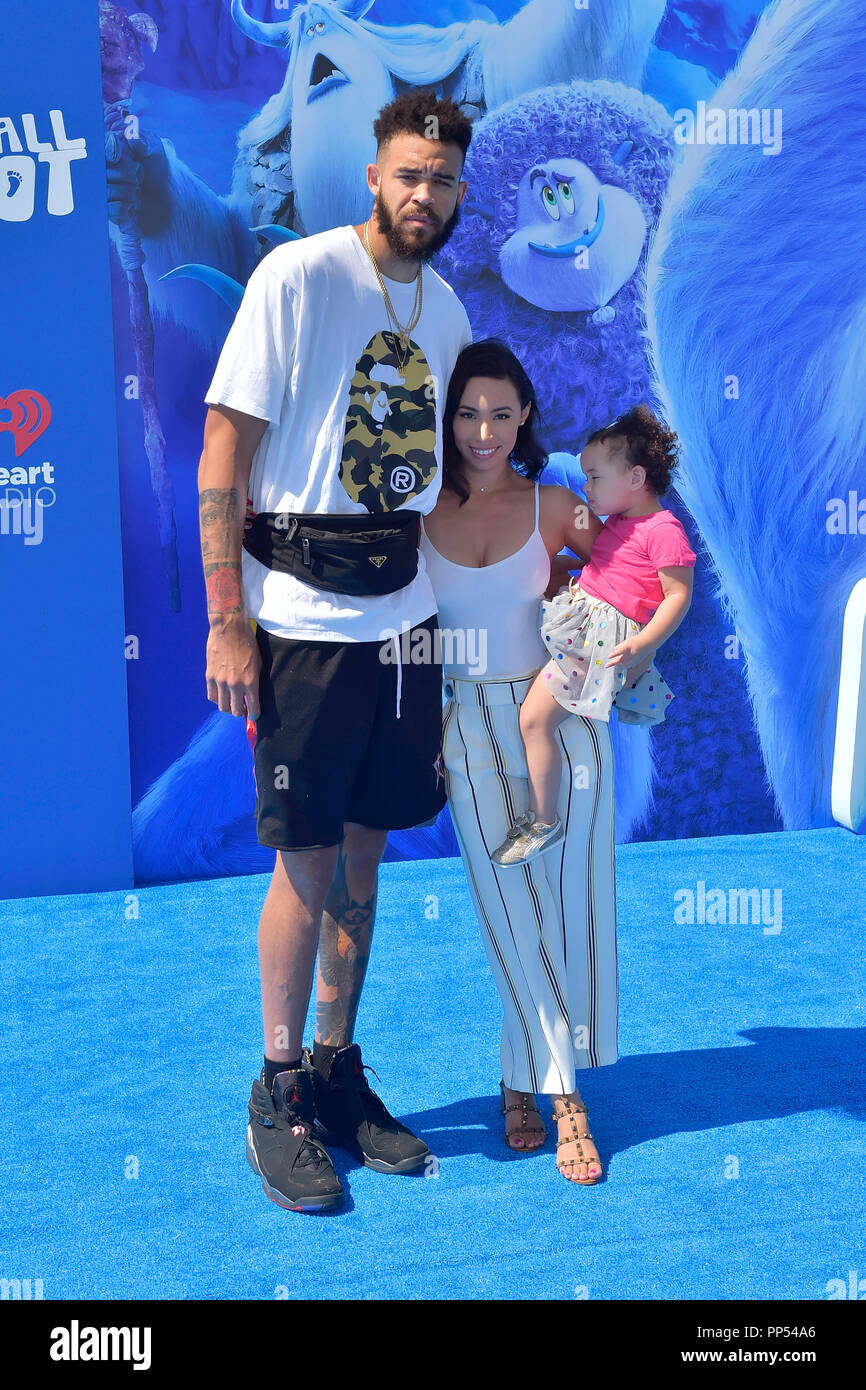 California, USA. 23rd Sept 2018. JaVale McGee, his girlfriend Giselle Ramirez and daughter Genevieve Grey McGee attending the 'Smallfoot' world premiere at Regency Village Theater on September 22, 2018 in Westwood, California. Credit: Geisler-Fotopress GmbH/Alamy Live News Stock Photo