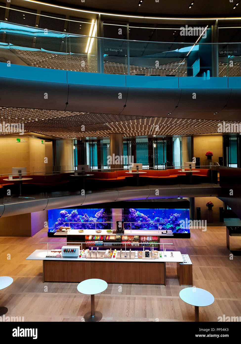 London, UK. 23rd Sept 2018. Interior view of Bloomberg European Headquarters in London. Bloomberg takes part in the 26th London Open House Weekend.  Bloomberg's European headquarters is the world's most sustainable office building. Home to the financial technology and information company's 4,000 London-based employees, its unique design promotes collaboration and innovation.  Credit: Dinendra Haria/Alamy Live News Stock Photo