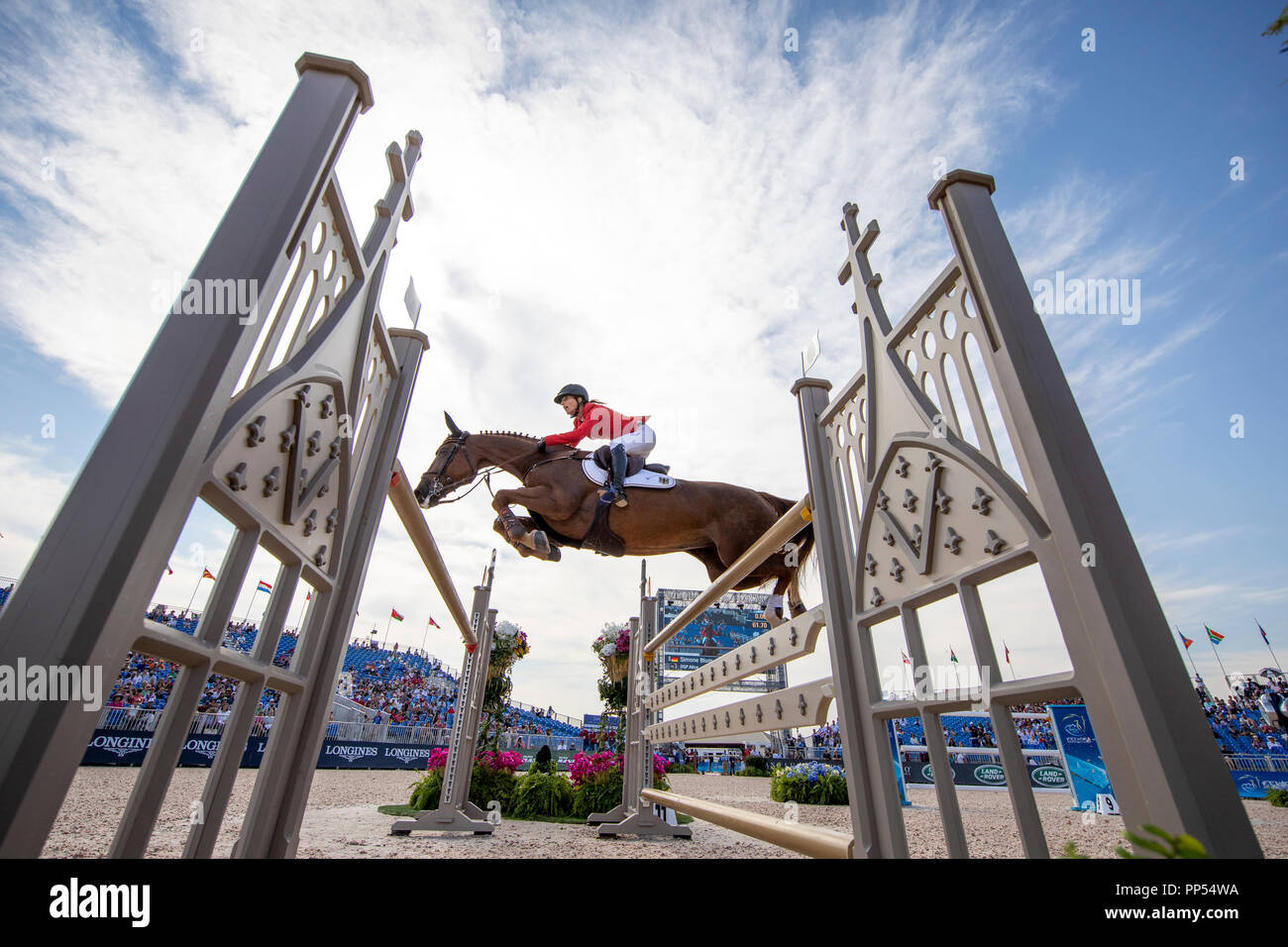 Tryon, USA. 23rd Sep, 2018. Equestrian - Jumping: World Championship, jumping, individual: Simone Blum from Germany riding DSP Alice. Credit: Stefan Lafrentz/dpa/Alamy Live News Stock Photo