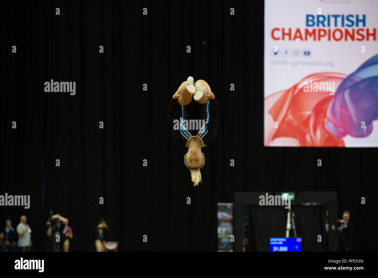 Birmingham, UK. 23rd September 2018. Shanice Davidson, Durham City Gymnastics completing a pass during British Gymnastics Trampoline, DMT and Tumbling British Championships 2018 at the Arena Birmingham, Birmingham, UK. Credit: Iain Scott Photography/Alamy Live News Stock Photo