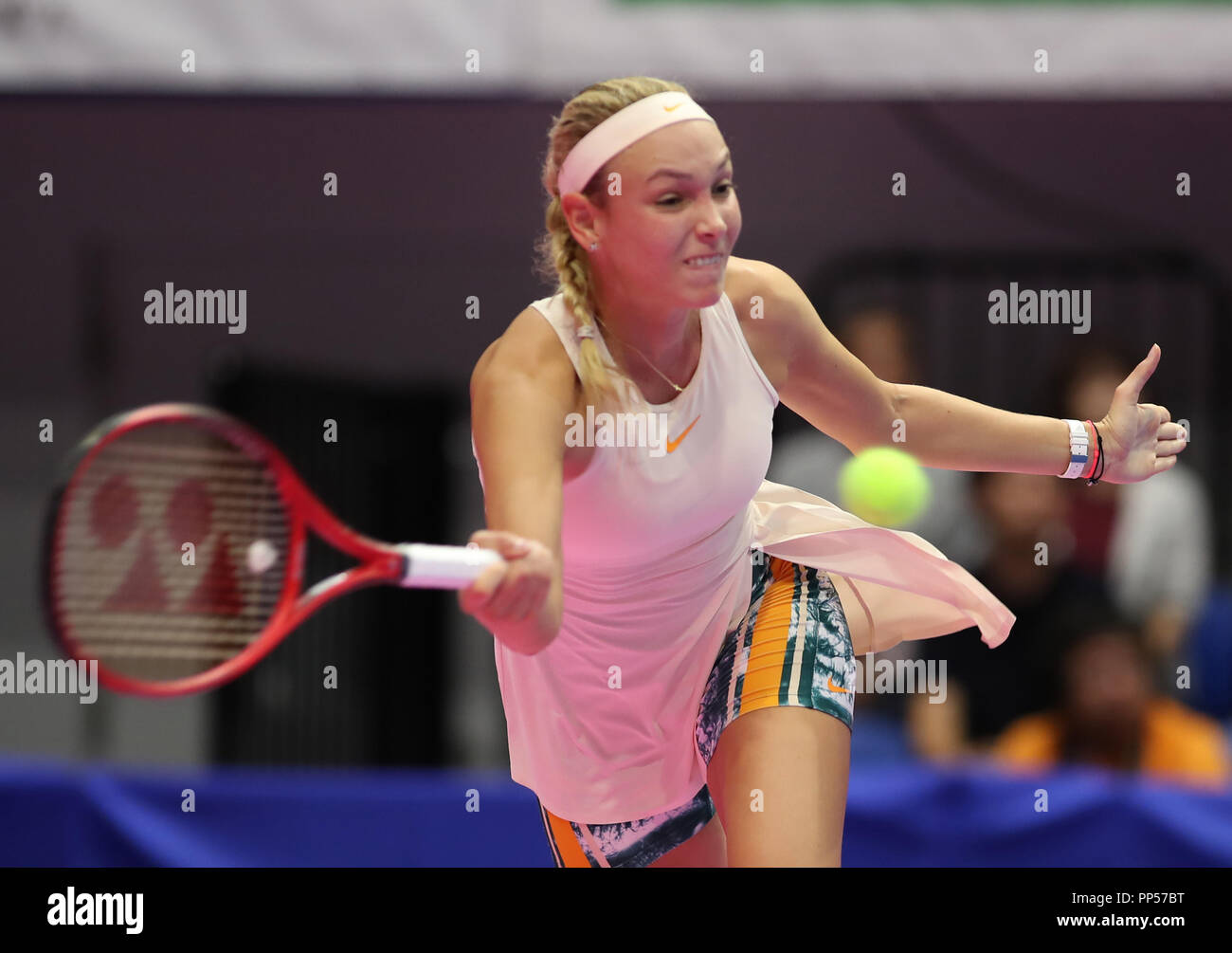 Tokyo, Japan. 22nd Sep, 2018. Donna Vekic of Croatia returns the ball  against Karolina Pliskova of Czech Republic during the semi final of the Toray  Pan Pacific Open tennis tournament in Tokyo