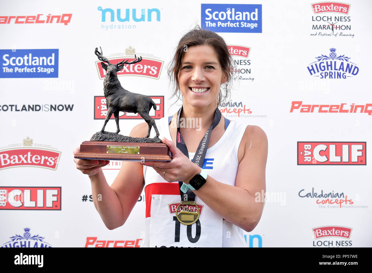 Scotland, UK. 23rd Sept 2018. 2018 Baxters Loch Ness Marathon PICTURED  womans winner Sheena Logan from Fife (02.51.11) Credit: sandy young/Alamy Live News Stock Photo
