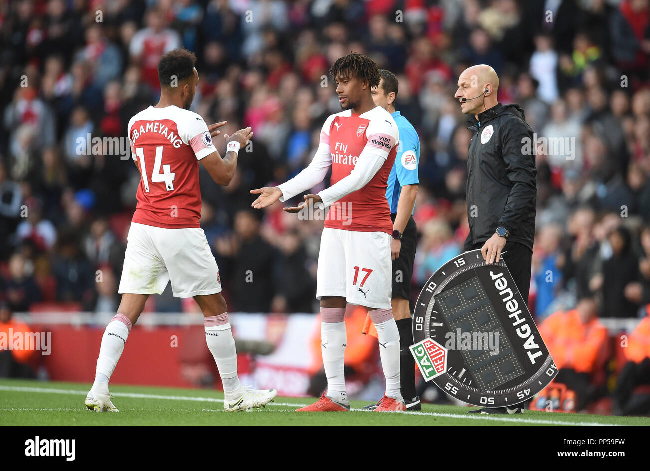 Pierre-Emerick Aubameyang and Alex Iwobi of Arsenal in action during the Premier League match between Arsenal and Everton at Emirates Stadium on September 23rd 2018 in London, England. (Photo by Zed Jameson/phcimages.com) Stock Photo