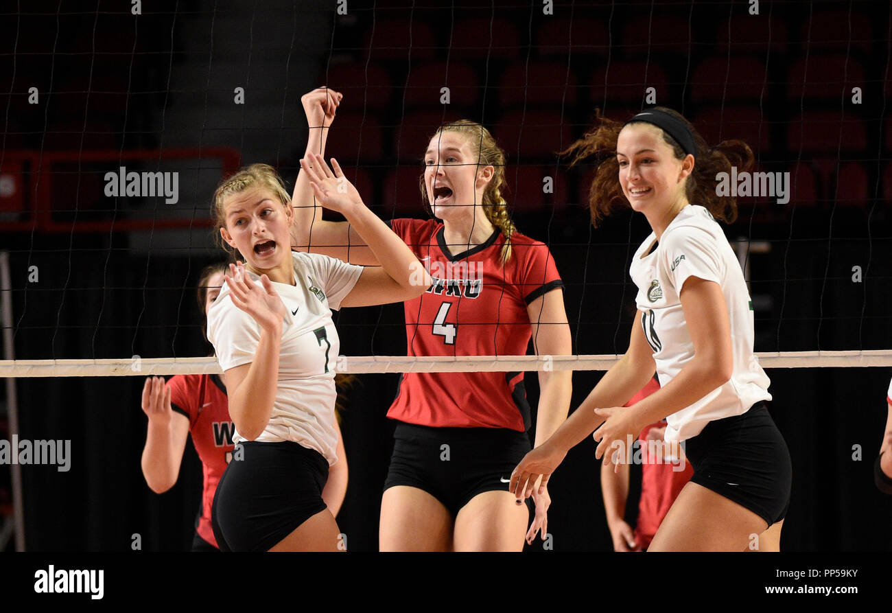 September 23, 2018 Western Kentucky Hilltoppers middle hitter Rachel Anderson (4) celebrates the kill during the third set in the match between the Charlotte 49er's and the Western Kentucky Hilltoppers at E.A. Diddle Arena in Bowling Green, KY. Photographer: Steve Roberts. Stock Photo