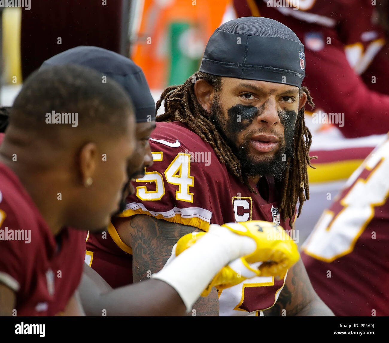 Landover, MD, USA. 23rd Sep, 2018. Washington Redskins CB #24 Josh Norman  tries to drag down Green Bay Packers TE #80 Jimmy Graham during a NFL  football game between the Washington Redskins