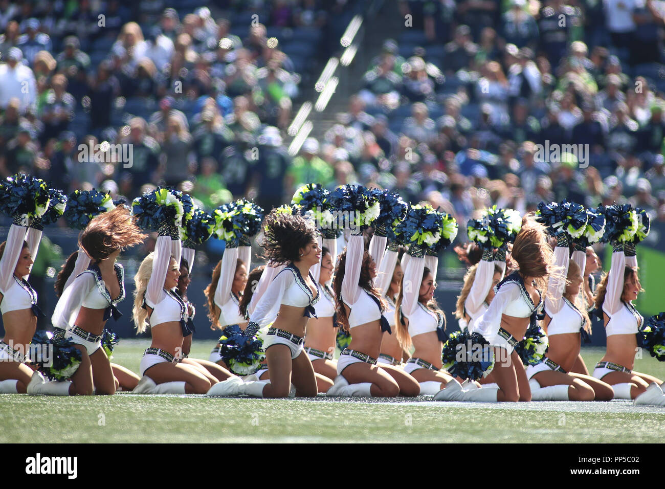 Seattle, WA, USA. 23rd Sep, 2018. The SeaGals perform before a game between the Dallas Cowboys and Seattle Seahawks at CenturyLink Field in Seattle, WA. Sean Brown/CSM/Alamy Live News Stock Photo