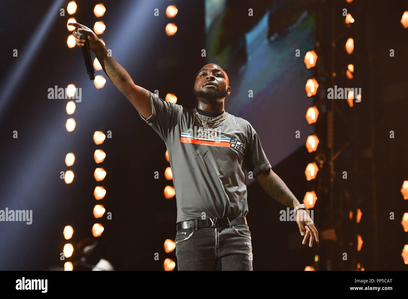 Davido performing at BBC 1Xtra Live, at the O2 Arena in London. PRESS ASSOCIATION Photo. Picture date: Saturday September 22nd, 2018. Photo credit should read: Matt Crossick/PA Wire. Stock Photo