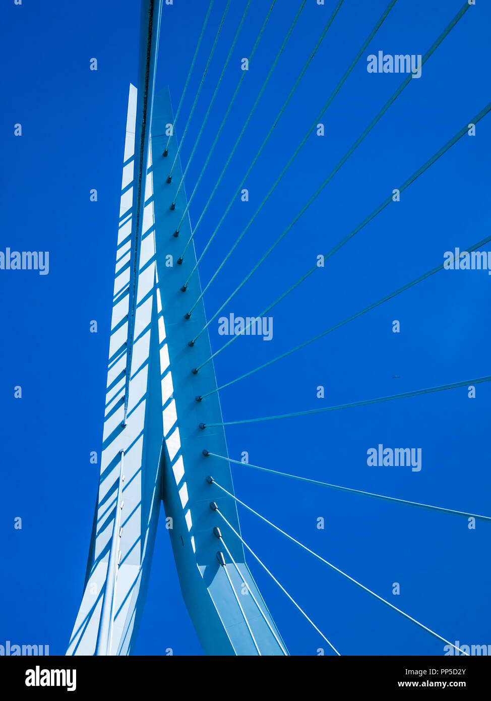 Image of part of a Erasmus bridge with a blue sky background in Rotterdam in the Netherlands Holland Stock Photo