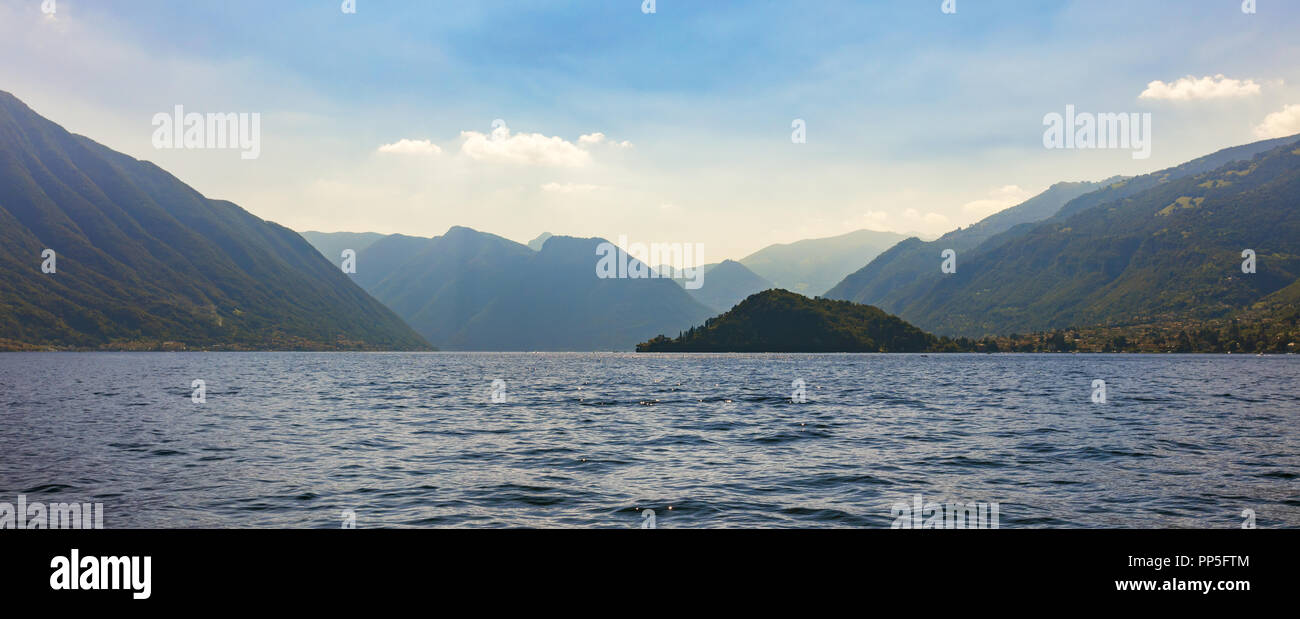 Panoramic view of Lake Como, Lombardy, Northern Italy, Europe view west towards Villa del Balbianello Stock Photo