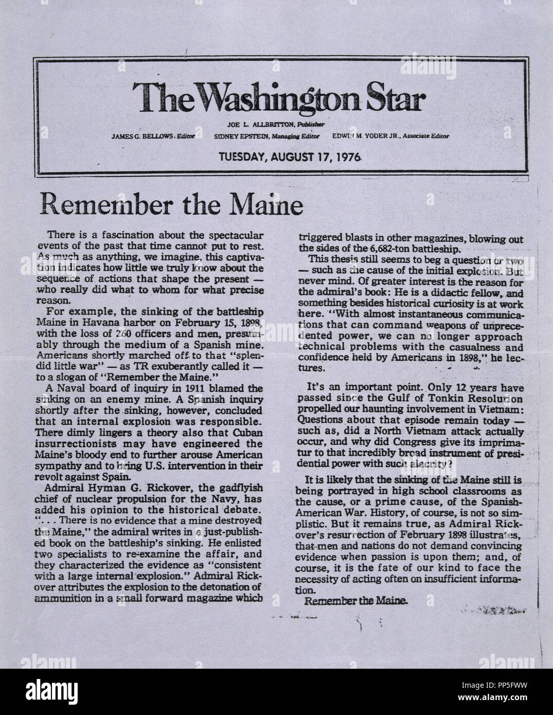 'RECORDANDO EL MAINE' THE WASHINGTON STAR - 17/8/1976. Stock Photo