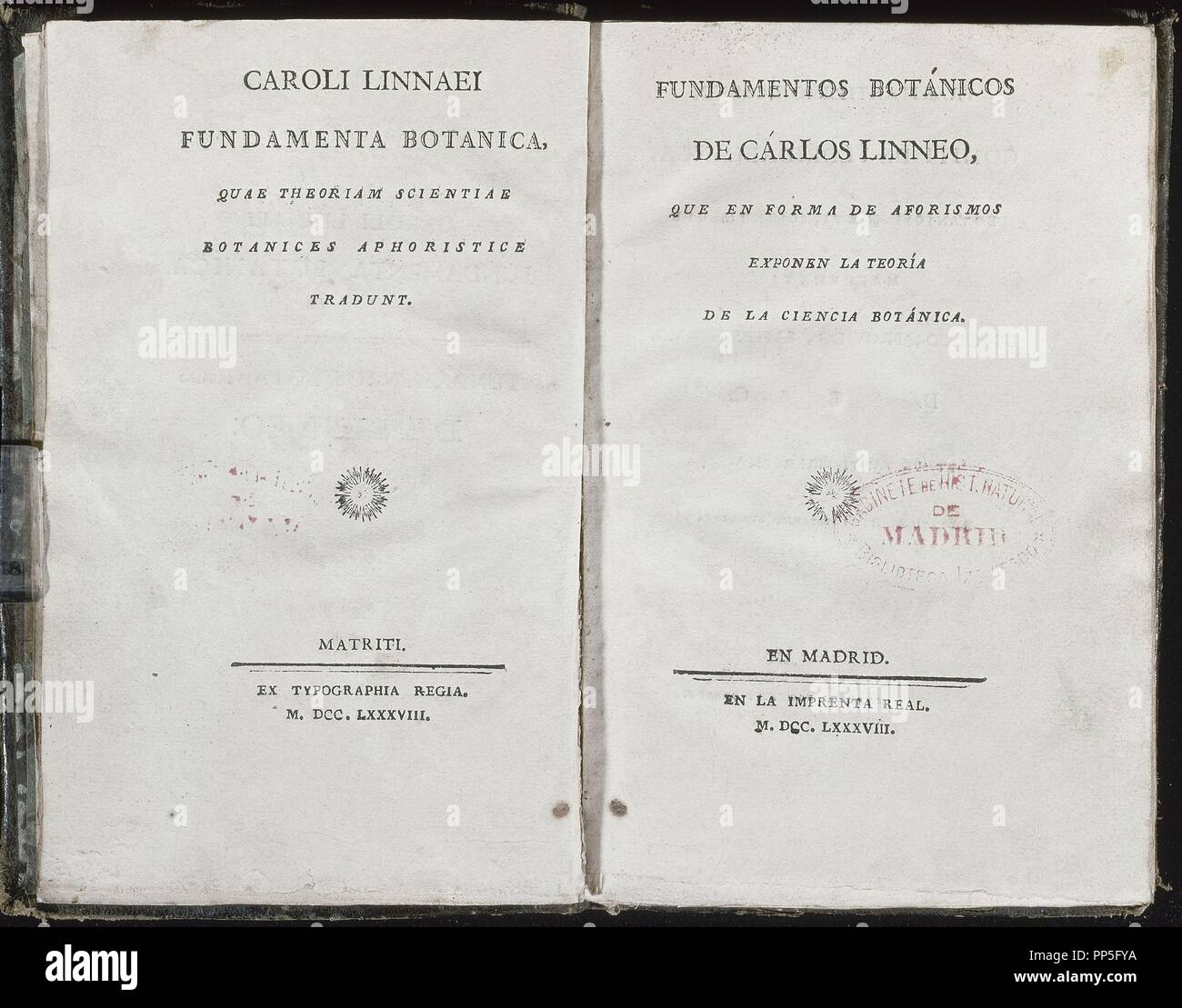 THEORY OF BOTANICAL SCIENCE - 1788. Author: LINNEO CARLOS. Location: JARDIN BOTANICO-BIBLIOTECA. MADRID. SPAIN. Stock Photo