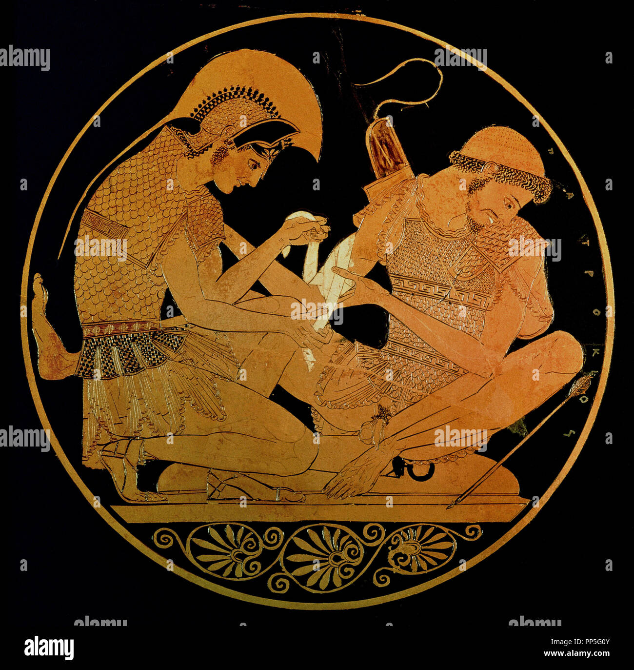 CUP OF SOSIAS - 'AQUILES BANDAGES THE WOUND OF PATROCLUS' - CERAMIC GREEK - 5th CENTURY BCE - REDRAWED BY C. FERNANDEZ. Author: SOSIAS (VASE PAINTER). Location: CHARLOTTENBURG. BERLIN. GERMANY. Stock Photo