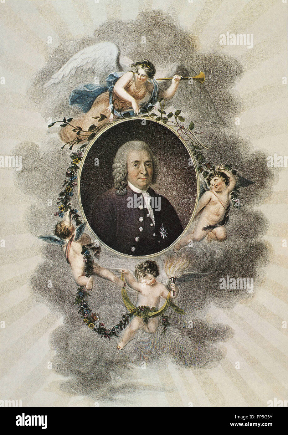 CARL VON LINNEO (1707-1778) SWEDISH NATURALIST AT THE TEMPLE OF FLORA 1797-1810 BY DR. ROBERT JOHN THORNTON. Author: MEYER J. Stock Photo