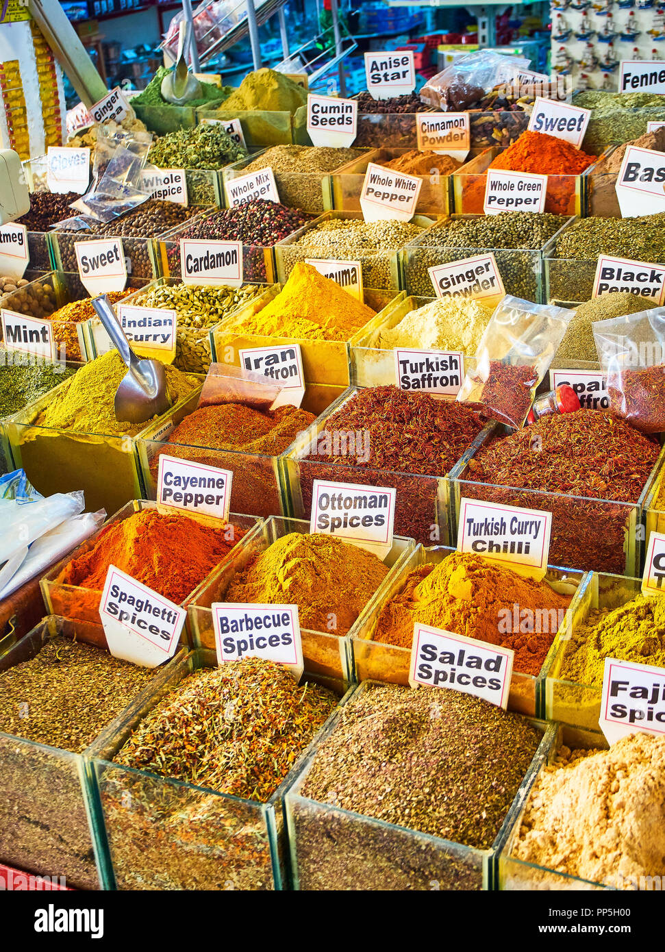 A Turkish spices stall in the Bodrum market, Kapalı Pazar Yeri, at downtown. Mugla Province, Turkey. Stock Photo