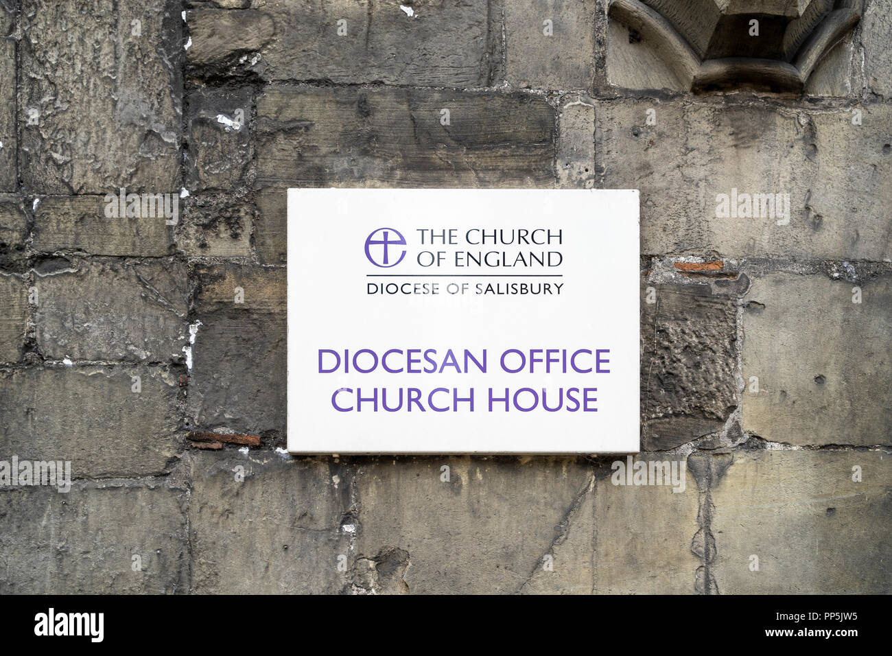 Diocese of Salisbury office sign on old and dirty stone wall Stock Photo
