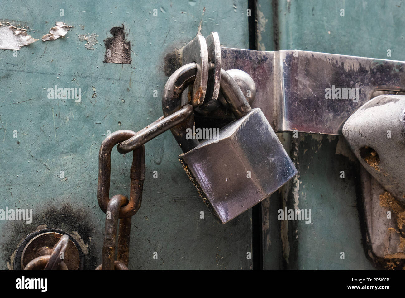 Padlock and steel chain, security concept Stock Photo