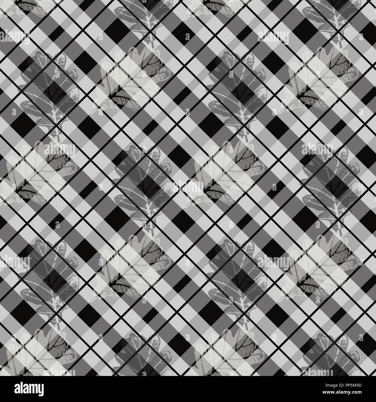 Black and white fabric texture check tartan with oak leaf seamless ...
