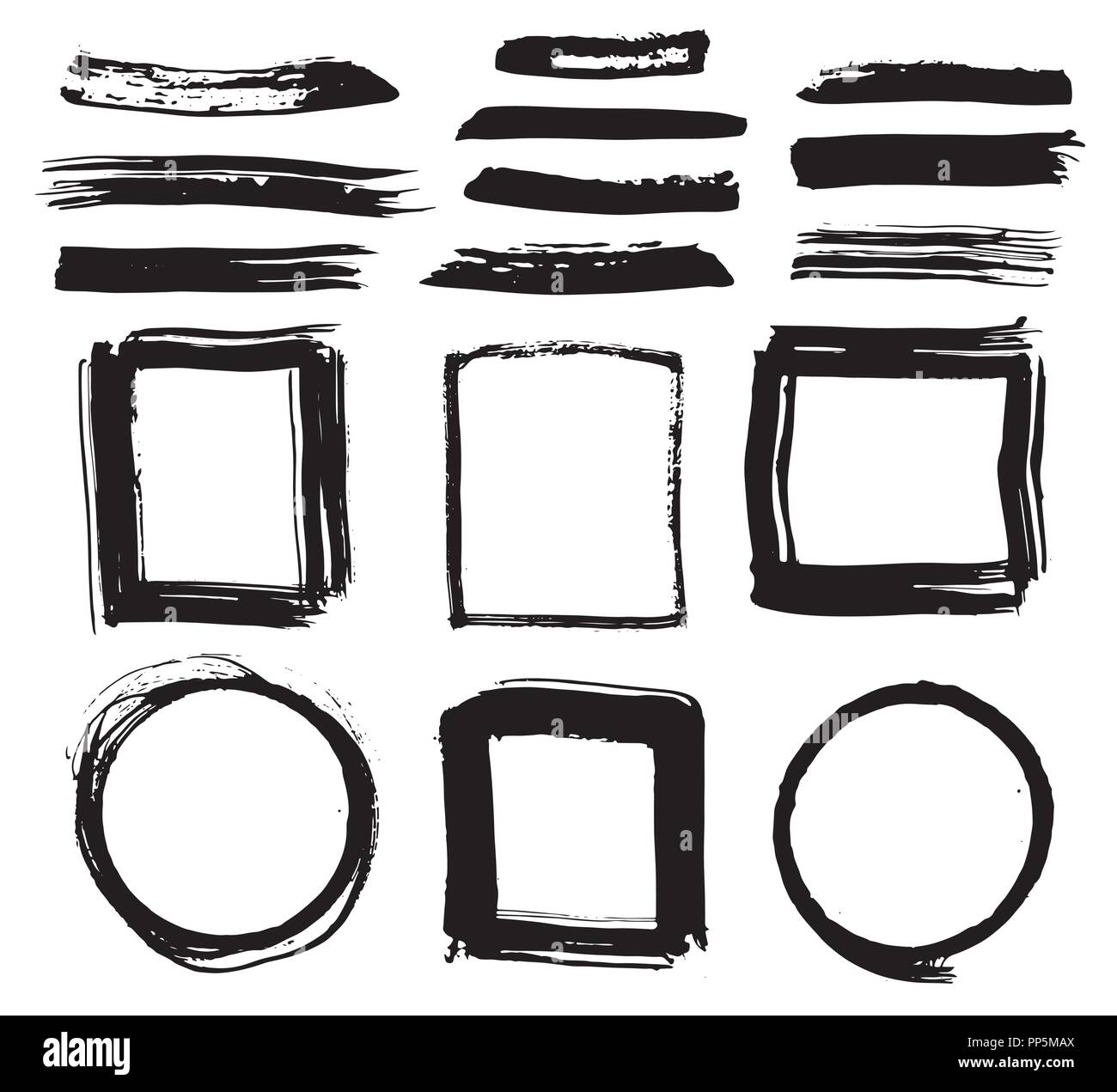 Frames and Brush strokes, grunge textured hand drawn elements set, vector illustration. Stock Vector