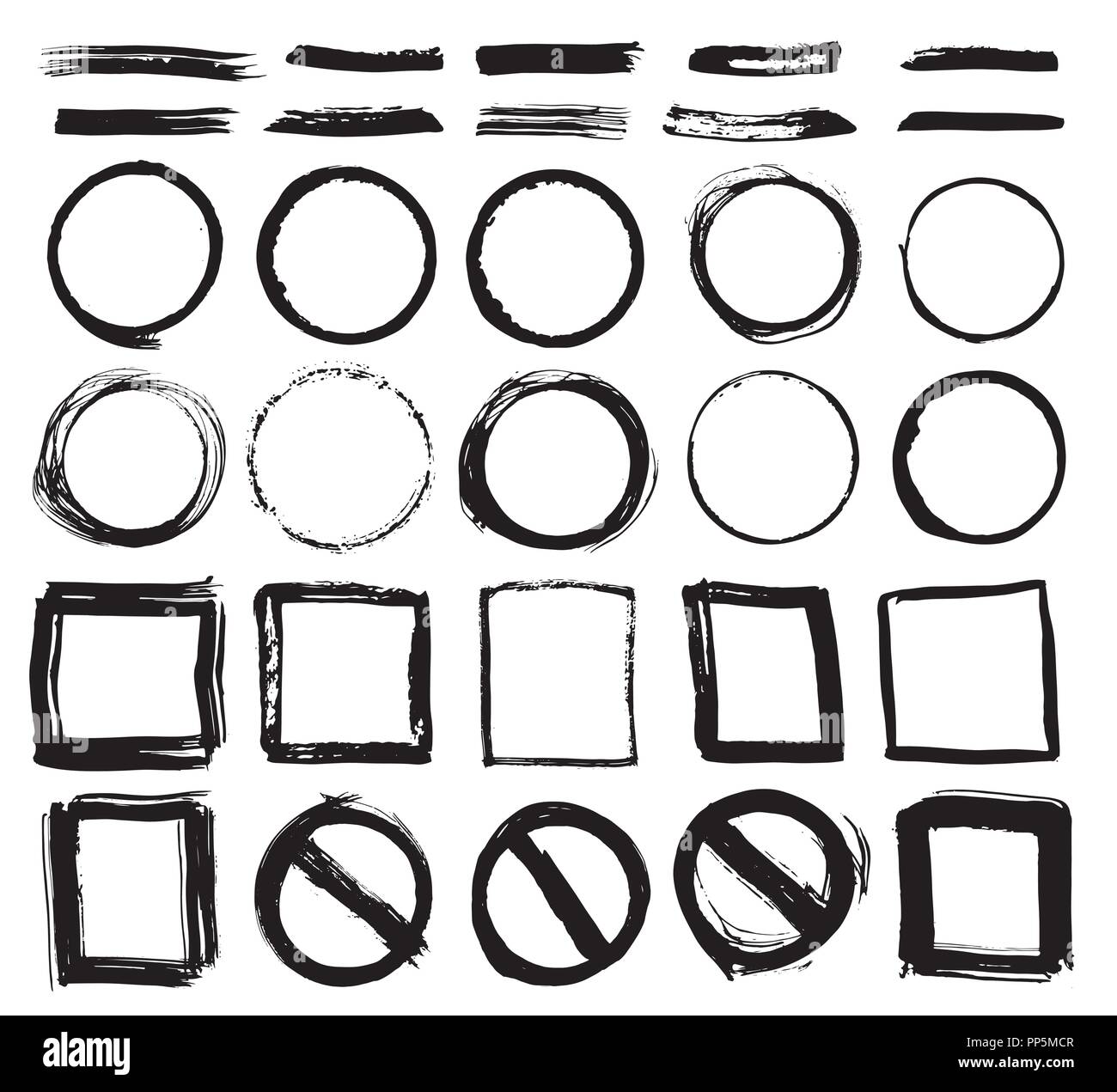 Round Frames, text boxes and Brush strokes, grunge textured hand drawn elements set, vector illustration. Stock Vector