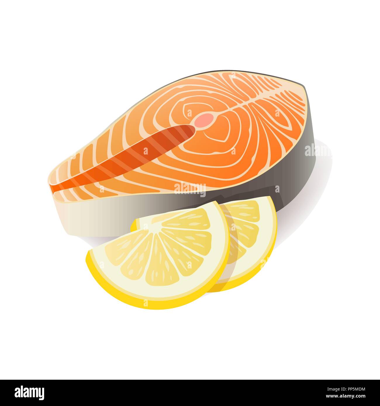 Meat vector - red fish salmon steak with lemon cuts. Fresh meat icon. Stock Vector