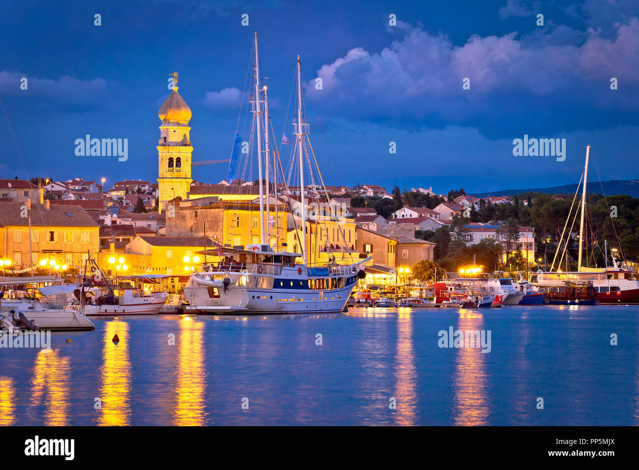 Island town of Krk evening waterfront view, Kvarner region of Croatia Stock Photo