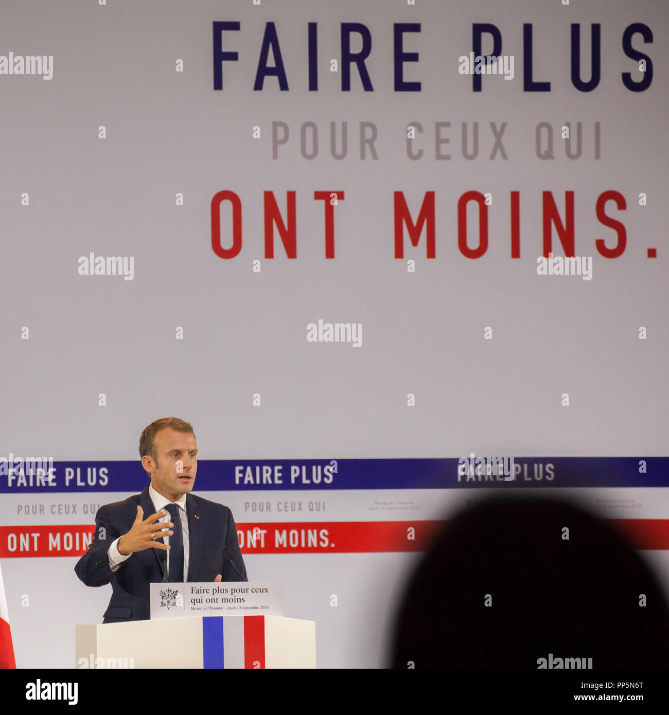 Speech Emmanuel Macron at the Musée de l'Homme Paris on the poverty plan Stock Photo