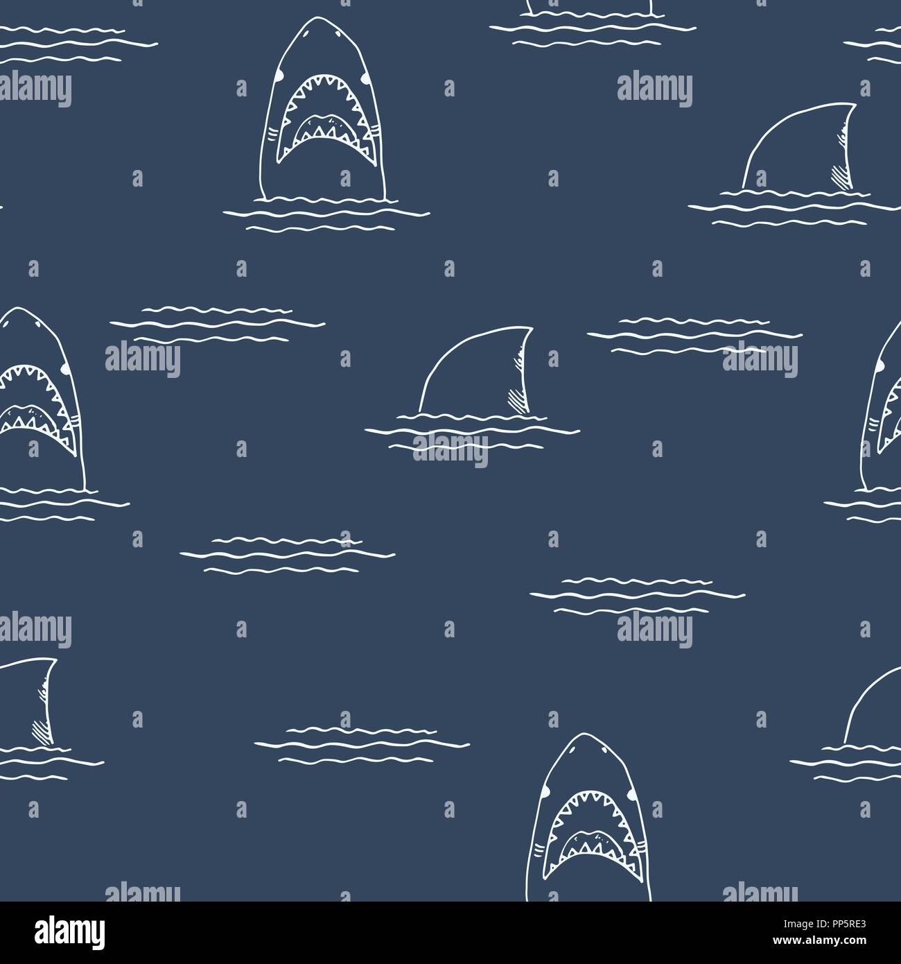 Shark seamless pattern, Hand drawn sketched doodle shark, vector ...