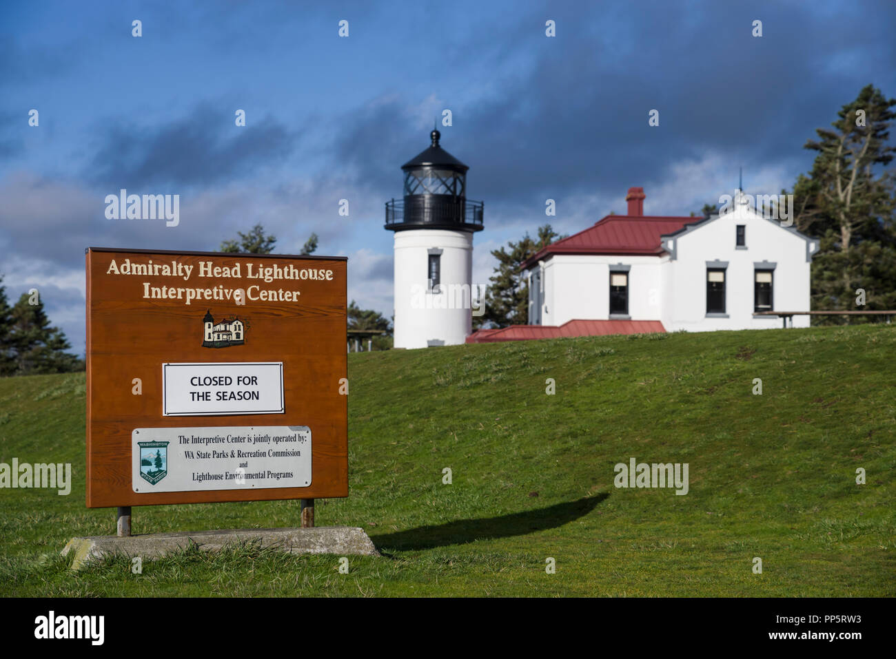 Admiralty Head Lighthouse Interpretive Center sign.  Fort Casey Historical Park.  Coupeville, Washington Stock Photo