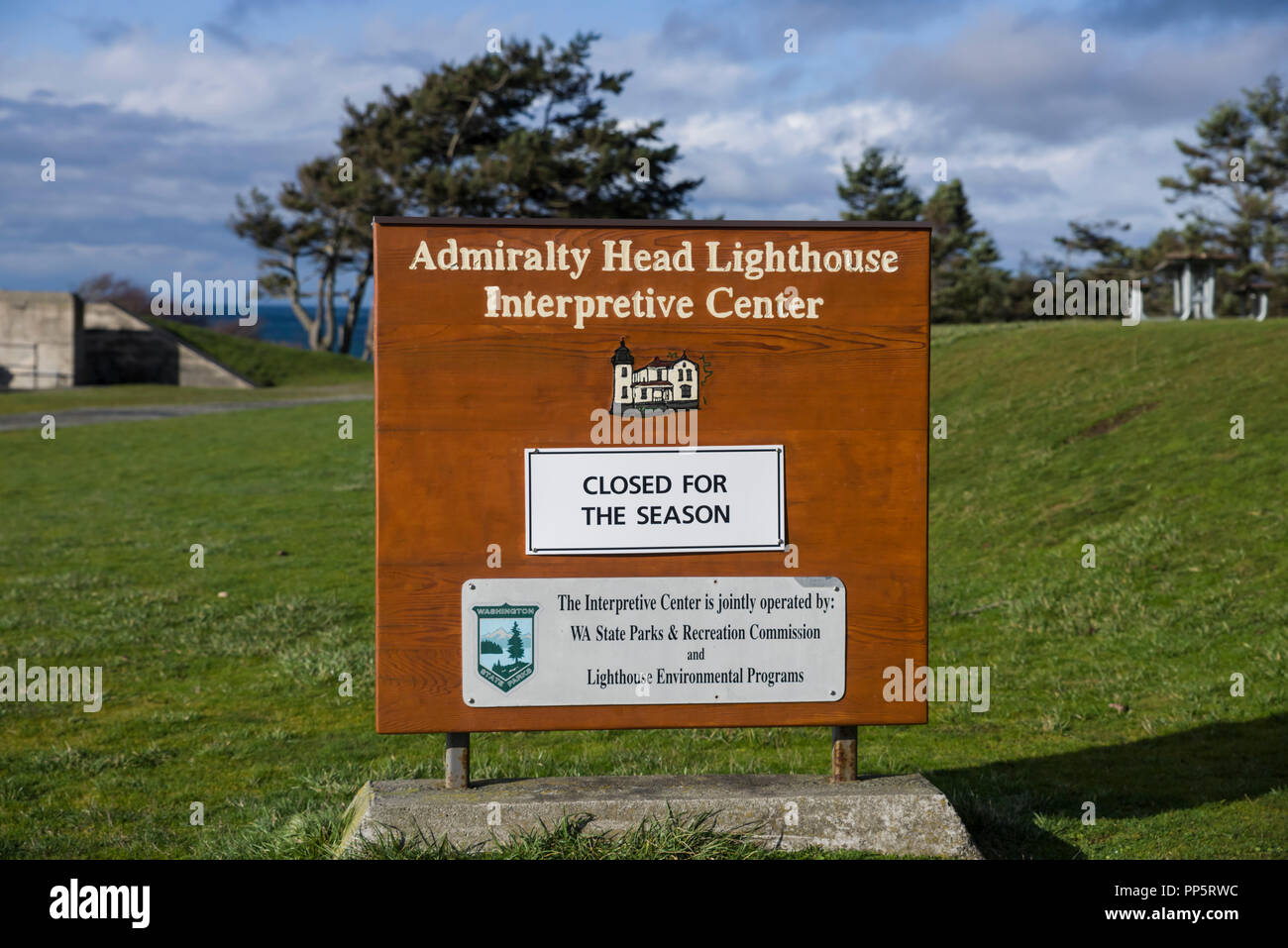 Admiralty Head Lighthouse Interpretive Center sign.  Fort Casey Historical Park.  Coupeville, Washington Stock Photo