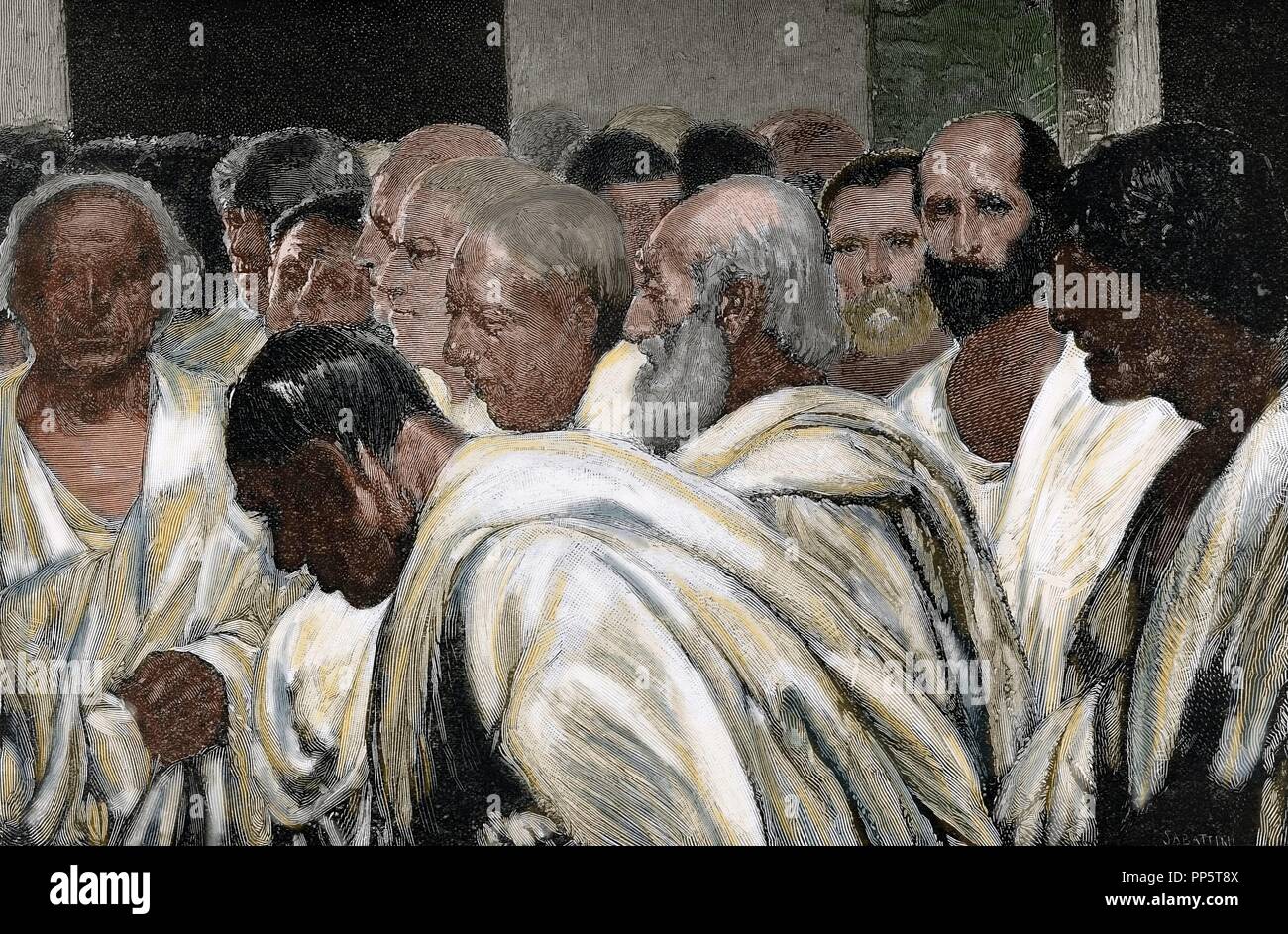Appius Claudius the Censor (340-273 BC). Roman Censor. Engraving by Sabattini after a fresco by Cesare Maccari. The Iberian Illustration, 1898. Colored. Stock Photo