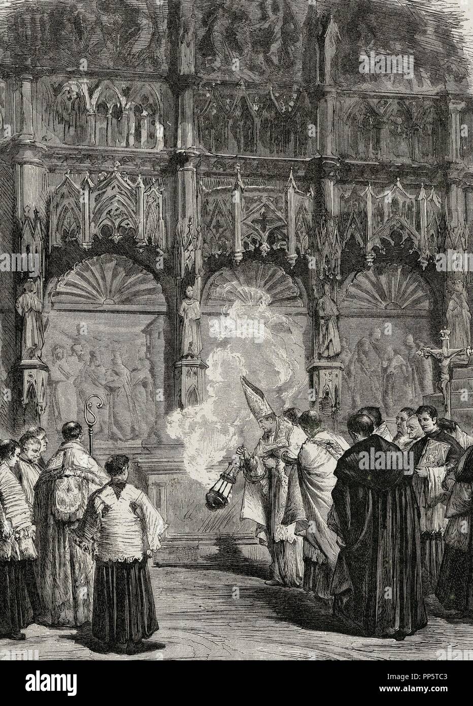 Spain. Zaragoza. Consecration of the Basilica of El Pilar. Engraving in The Spanish and American Illustration, 1872. Stock Photo