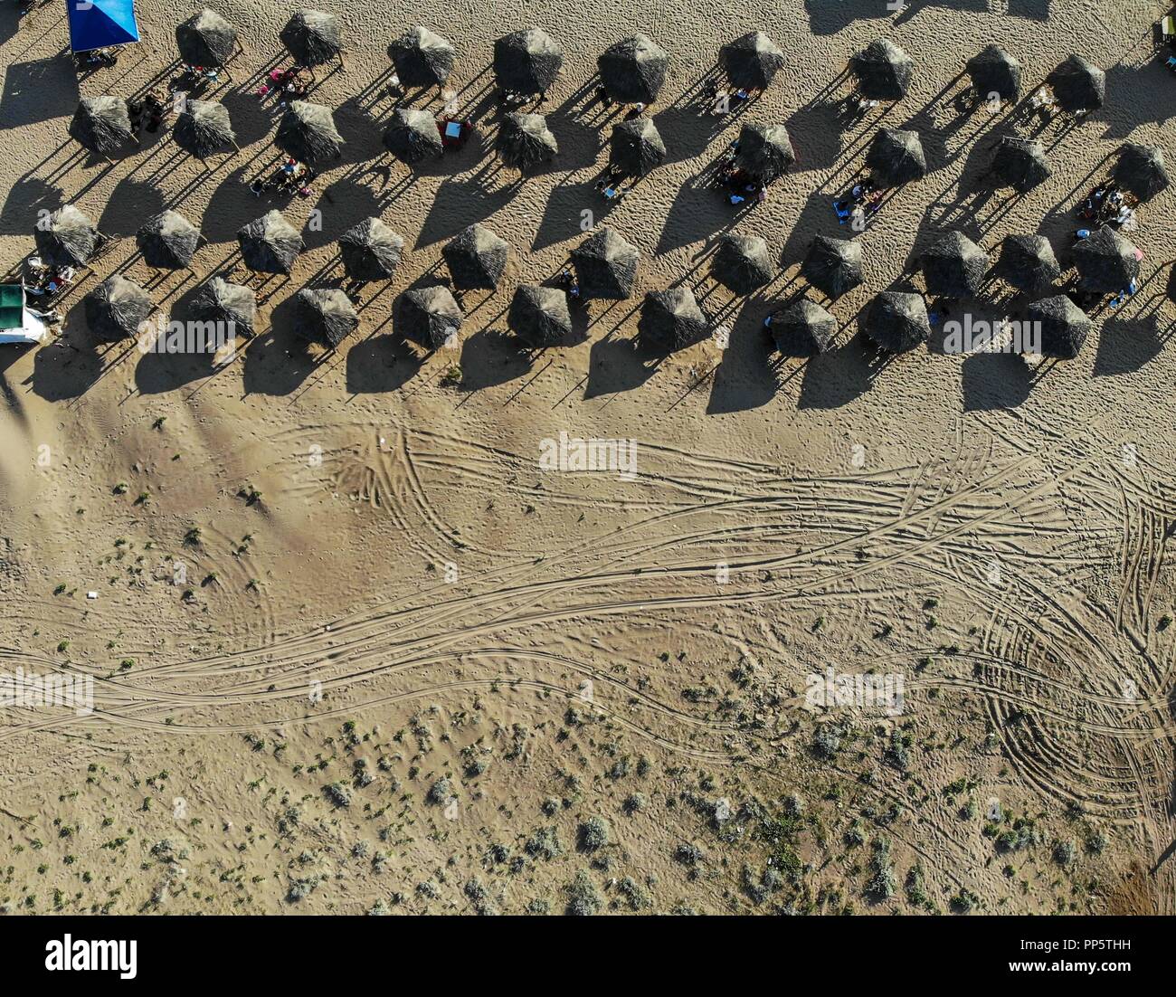 Aerial view of several palapas at Kino Bay in Sonora, Mexico. Beach ...