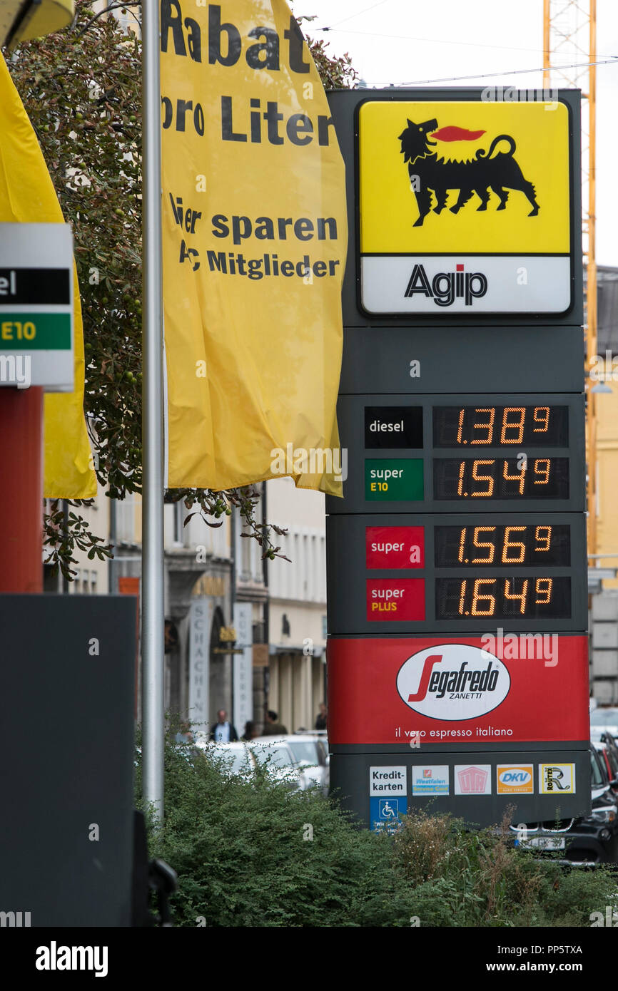 A logo sign outside of a Agip retail fuel station in Munich, Germany, on August 25, 2018. Stock Photo