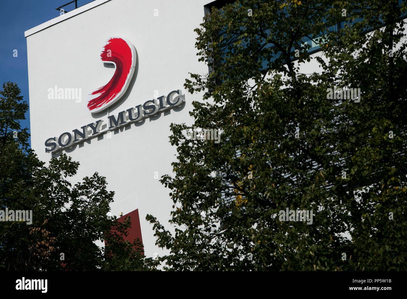 A logo sign outside of a facility occupied by Sony Music Entertainment in Munich, Germany, on August 29, 2018. Stock Photo