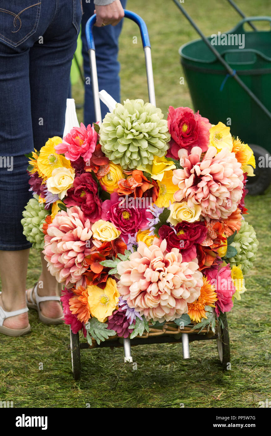 Colourful floral shopping trolley at RHS Malvern Spring flower show