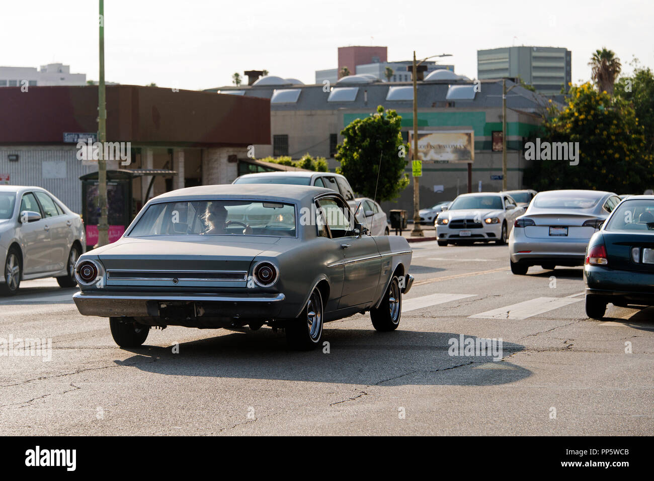 A view of a classic vintage car in the street in Los Angeles Stock