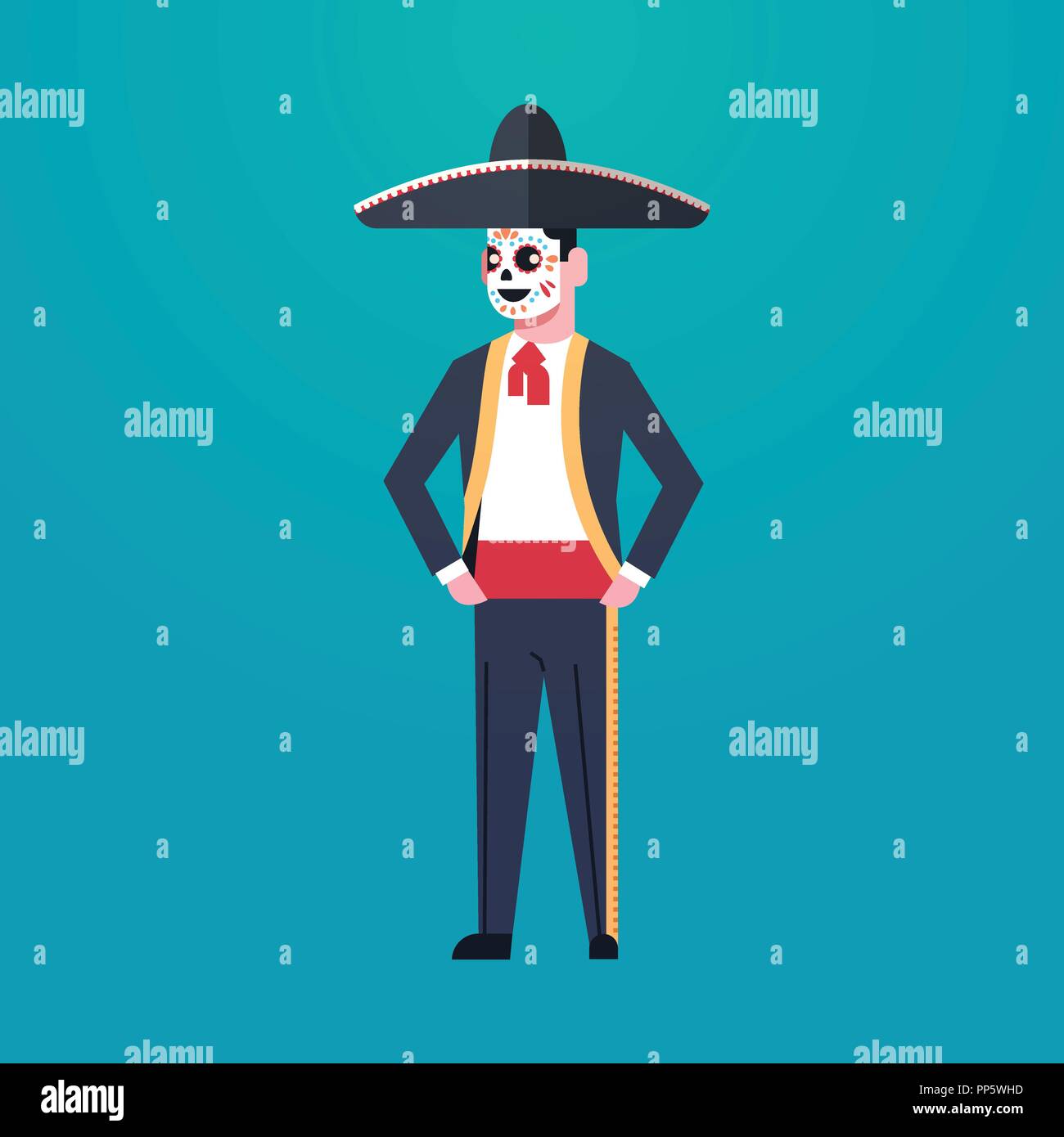 day of dead traditional mexican halloween man wearing traditional clothes skeleton mask dia de los muertos holiday party male cartoon character full length flat Stock Vector