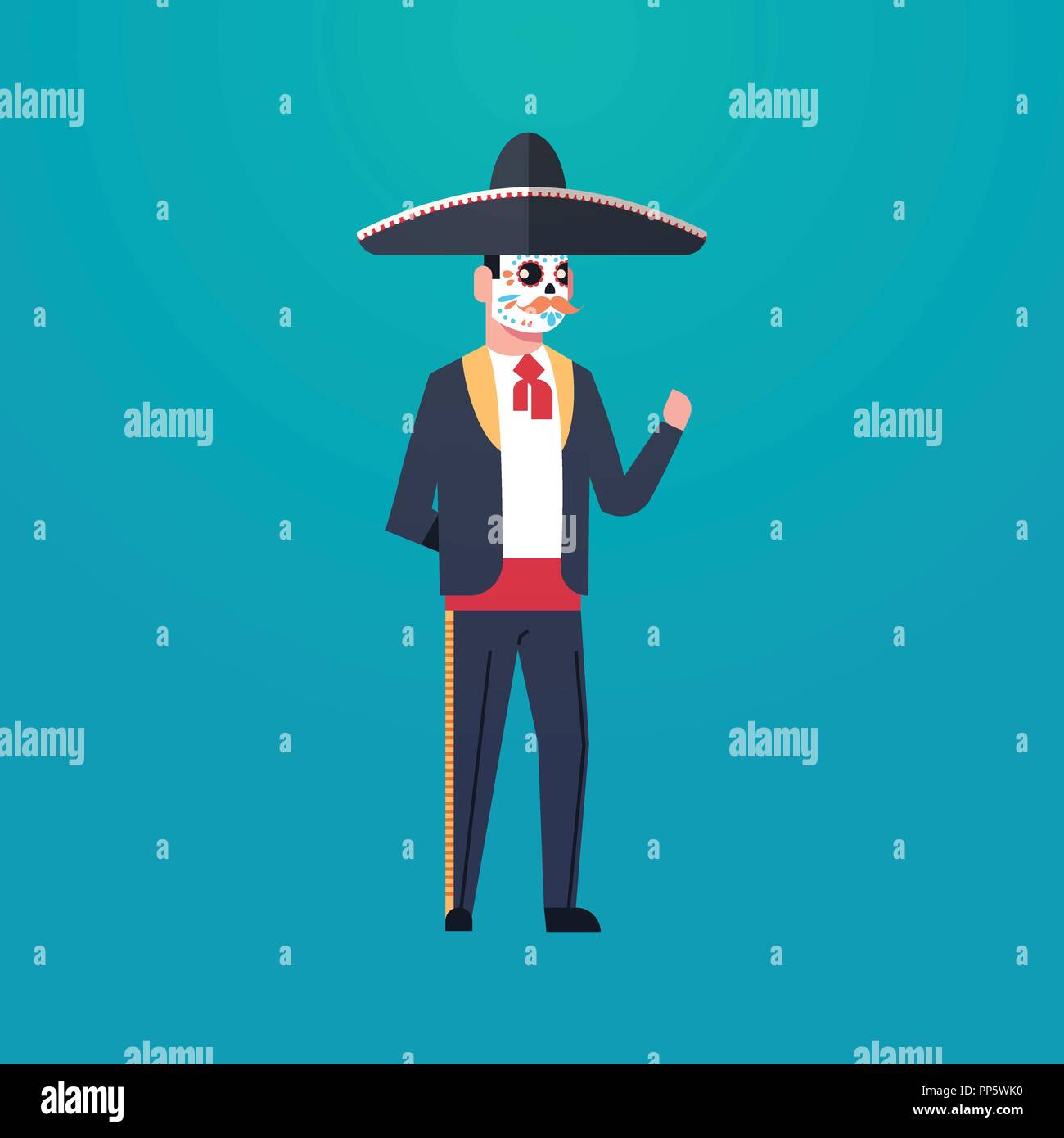 day of dead traditional mexican halloween man wearing traditional clothes skeleton mask dia de los muertos holiday party male cartoon character full length flat Stock Vector