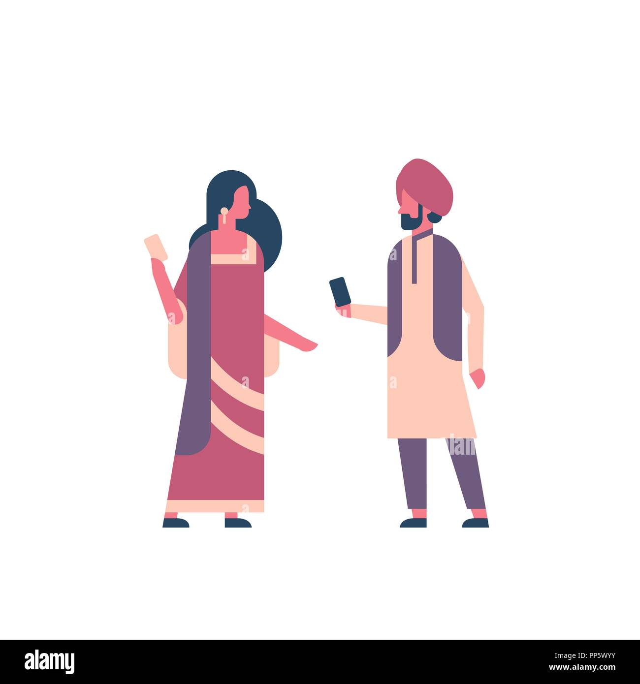 indian couple wearing national traditional clothes hindu man woman communication concept using smartphone male female cartoon character full length isolated flat Stock Vector