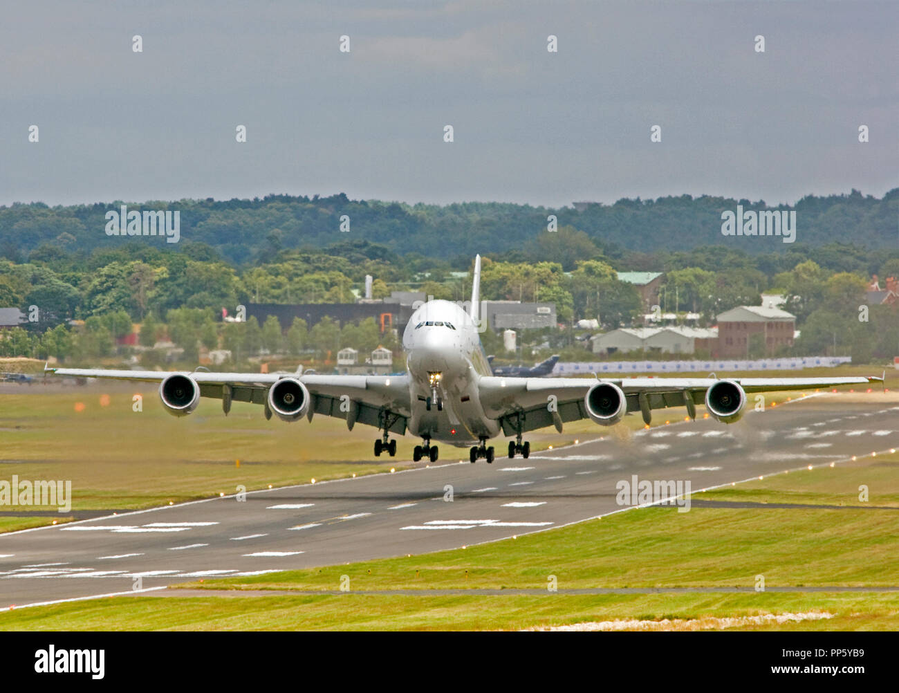 Airbus Industrie Airbus A380-841 demonstrator taking off from the runway at Farnborough. Stock Photo