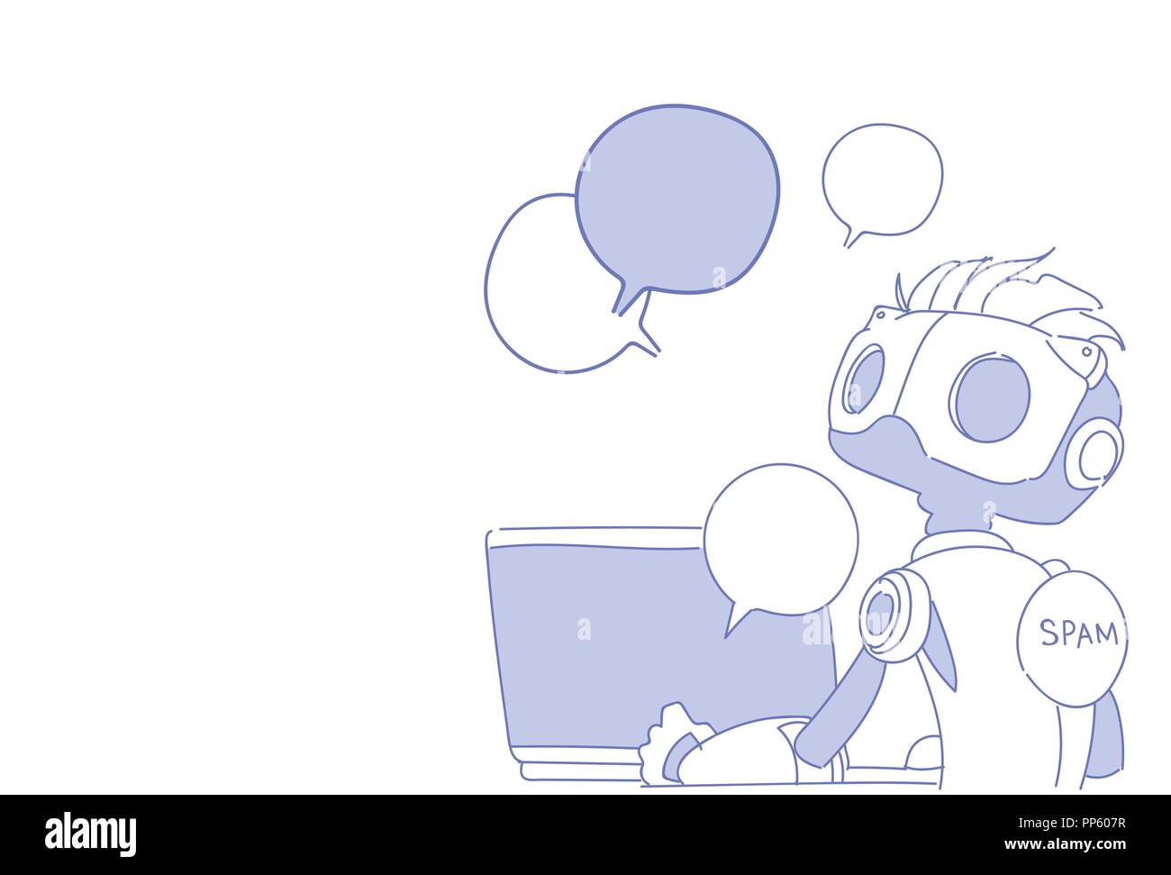 chat bot using laptop computer robot virtual assistance online support speech bubble communication artificial intelligence concept sketch doodle horizontal Stock Vector