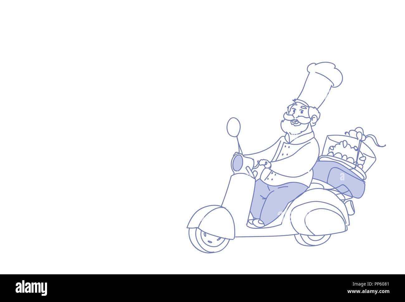chef cook riding electric scooter cake fast delivery concept vintage motorcycle sketch doodle horizontal Stock Vector